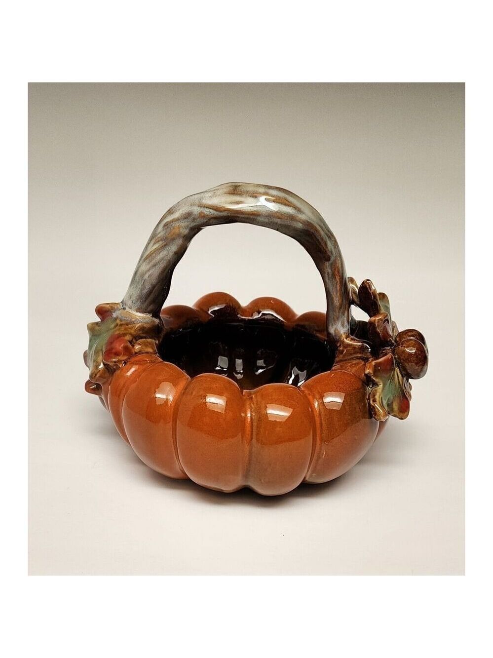 Tii Collections Ceramic Pumpkin Leaf and Stem Handle Dark Autumn Colors Decor